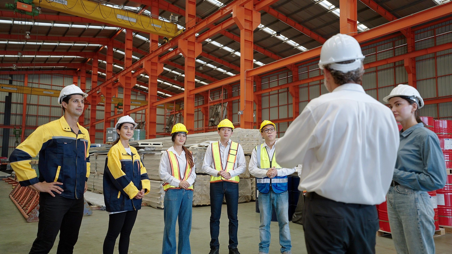 Manager leader team is assignmenting job and training for technicians attending brief meeting in the factory before work